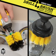 Action shots of a Medium Yellow 2 inch Drillbrush cleaning an overflow plate and a Medium Yellow Mini brush cleaning under a faucet.