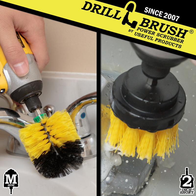 Action shots of a Medium Yellow 2 inch Drillbrush cleaning an overflow plate and a Medium Yellow Mini brush cleaning under a faucet.