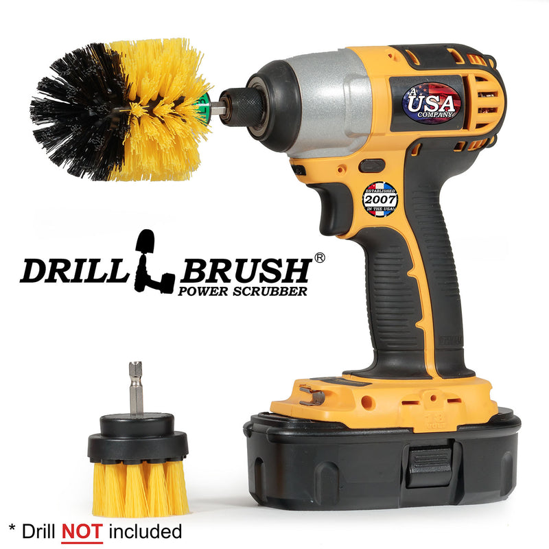 Drillbrush 2M Medium Yellow Bathroom Brush Kit with a Mini brush in a cordless drill.