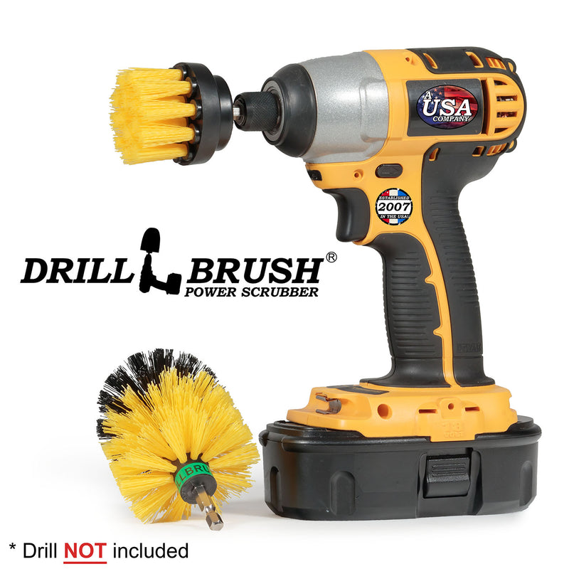 Drillbrush 2M Medium Yellow Bathroom Brush Kit with a 2 inch brush in a cordless drill.