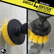 Action shots of a Medium Yellow 2 inch Short Drillbrush cleaning an overflow plate and a Medium Yellow 4 inch Drillbrush cleaning tile grout.