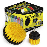 Drillbrush Medium Yellow 4 inch and 2 inch Short brushes in front of their packaging. 