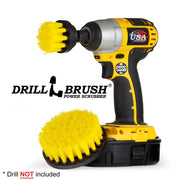 Drillbrush 42 Medium Yellow Bathroom Brush Kit with a 2 inch Short brush in a cordless drill.