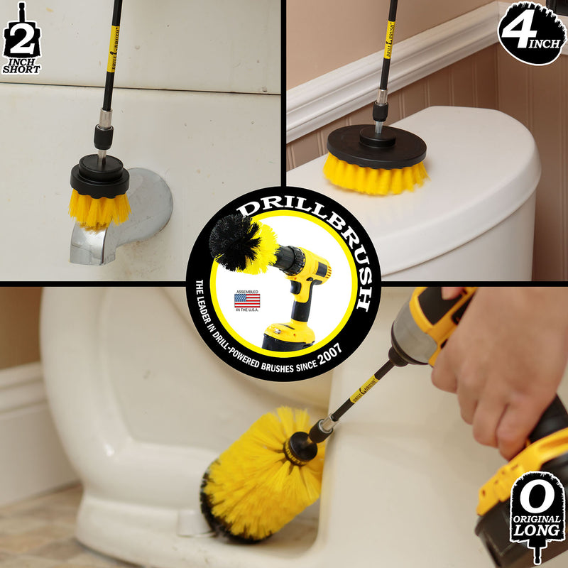 Action shots of a Medium Yellow Original Jumbo Drillbrush in a 5 inch extension cleaning a tub corner, a Medium Yellow 2 inch Short Drillbrush in a 5 inch extension cleaning an tub faucet, and a Medium Yellow 4 inch Drillbrush in a 5 inch extension cleaning a toilet tank cover.