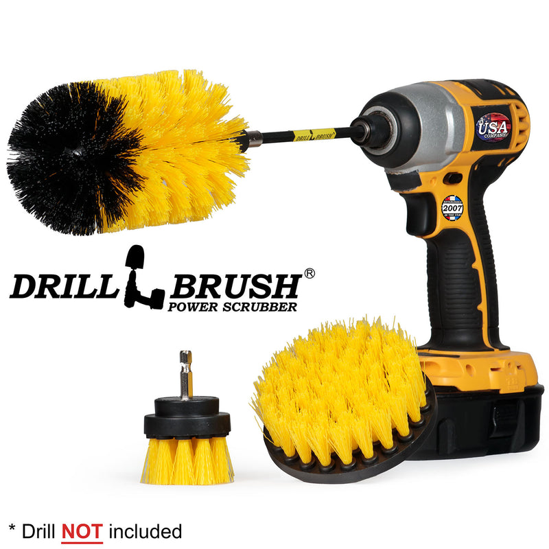 Drillbrush 42J-5X Medium Yellow Bathroom Brush Kit with an Original Jumbo brush in a 5 inch extension in a cordless drill.