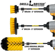Images of the Drillbrush 2 inch Short, 4 inch, and Original Jumbo Medium Yellow Bathroom Brushes in 5 inch extensions in cordless drills.