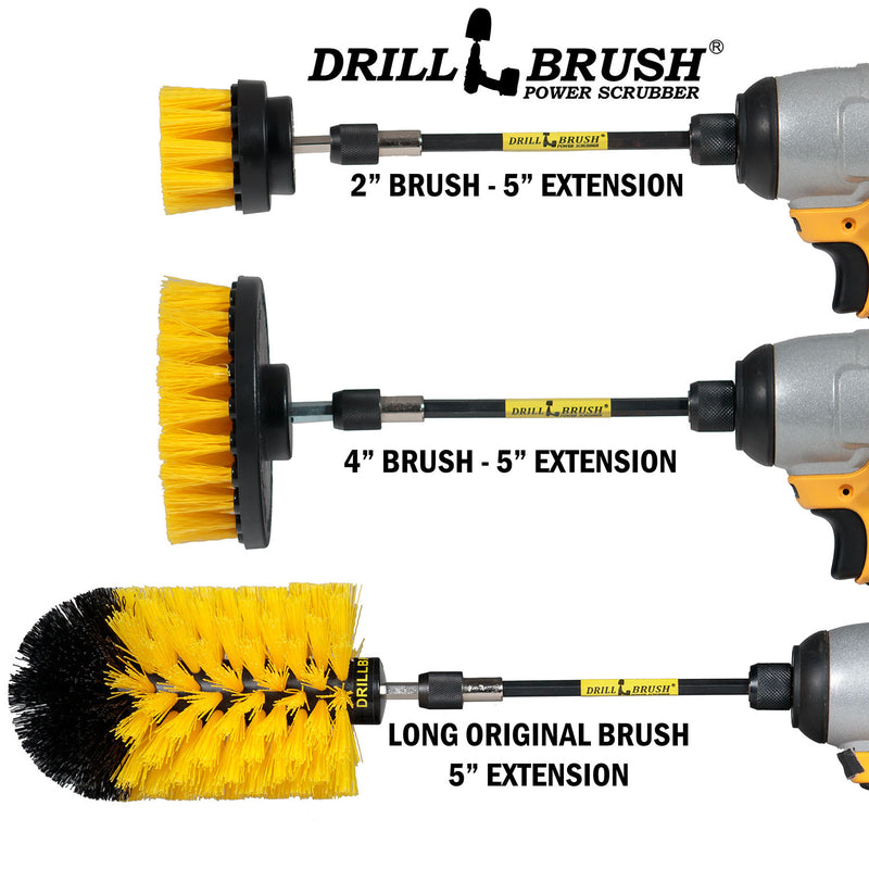 Images of the Drillbrush 2 inch Short, 4 inch, and Original Jumbo Medium Yellow Bathroom Brushes in 5 inch extensions in cordless drills.