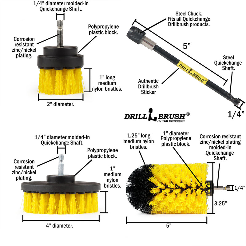 Specs for the Drillbrush 42J-5X Medium Yellow Bathroom Brush Kit.
