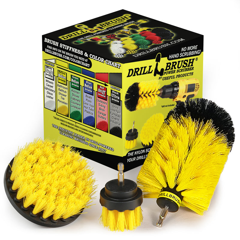 4in Flat Brush, 2in Short Brush, and Jumbo Original all in Medium Stiffness Yellow - Bathroom Accessories Cleaning Set | Y-S-42J-QC-DB