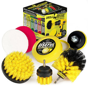 Drillbrush Medium Yellow 4 inch, 2 inch Short, and Original brushes with a Soft White and Stiff Red 4 inch scrub pad, a 3 inch pad backer, and All-Purpose Useful Cleaning Paste in front of packaging.