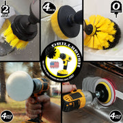 A Medium Yellow 2 inch Short Drillbrush cleaning a tub fixture, a Medium Yellow 4 inch brush scrubbing a tile wall, a Medium Yellow Original brush cleaning shower shelving, a Soft White 4 inch scrub pad scrubbing a window, and a Stiff Red 4 inch scrub pad being used on a sink.