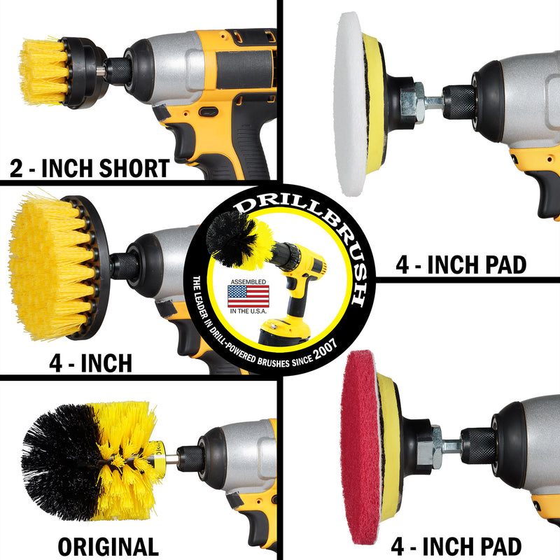 Side views of the Medium Yellow 2 inch Short, 4 inch, and Original Drillbrush brushes, as well ast he Soft White and Stiff Red scrub pads in cordless drills.