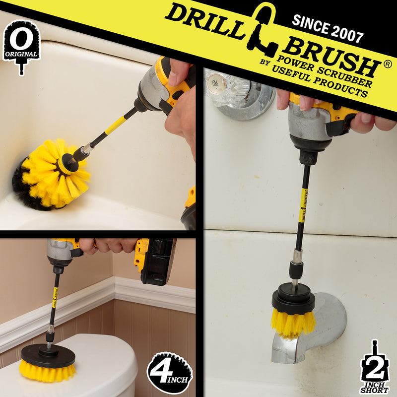 Action shots of a Medium Yellow Original Drillbrush in a 5 inch extension cleaning a tub corner, a Medium Yellow 2 inch Short Drillbrush in a 5 inch extension cleaning an tub faucet, and a Medium Yellow 4 inch Drillbrush in a 5 inch extension cleaning a toilet tank cover.