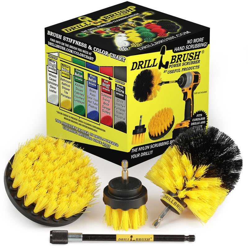 The Drillbrush 42O-5X Medium Yellow Bathroom Brush Kit in front of the box it comes in.