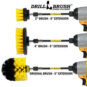 Images of the Drillbrush 2 inch Short, 4 inch, and Original Medium Yellow Bathroom Brushes in 5 inch extensions in cordless drills.