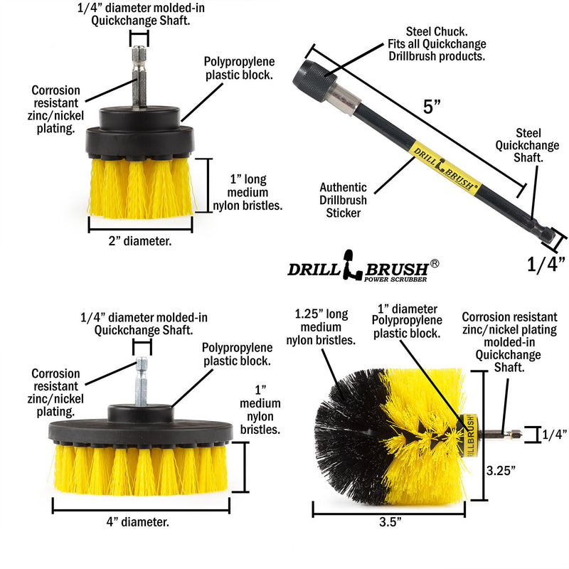 Specs for the Drillbrush 42O-5X Medium Yellow Bathroom Brush Kit.