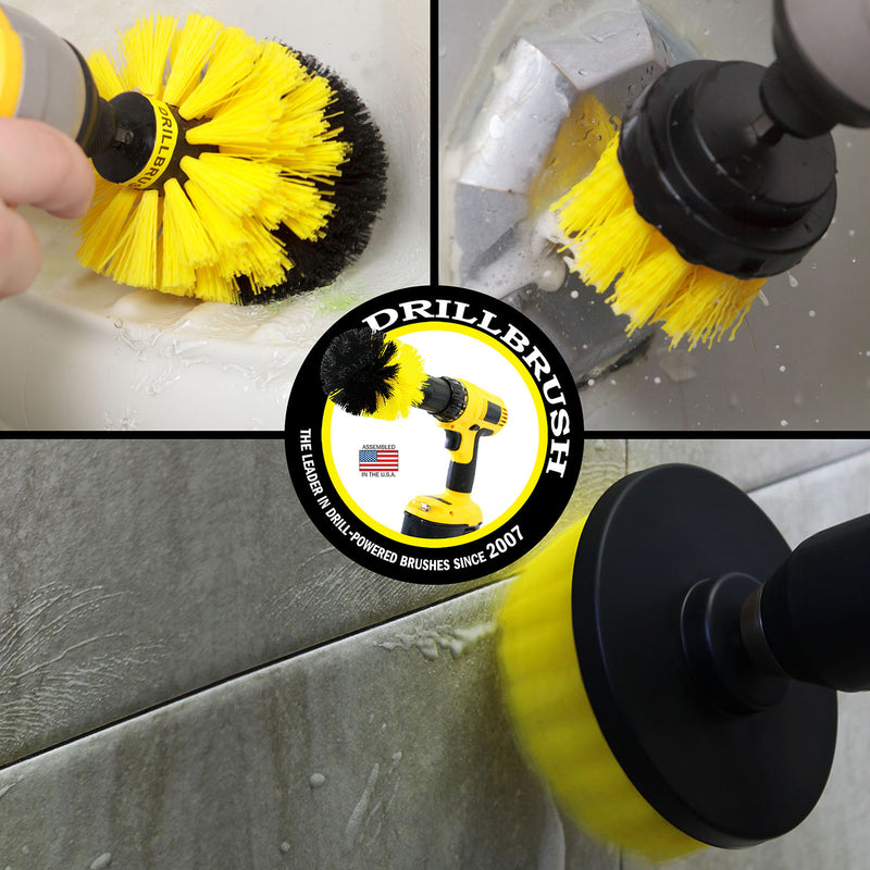 A Medium Yellow Original cleaning shower shelves, a Medium Yellow 2 inch Short cleaning a tub overflow plate, and a Medium Yellow 4 inch cleaning bathroom tiles.