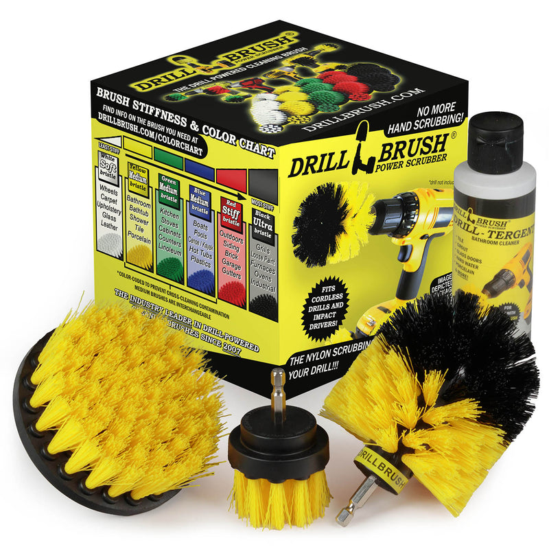 Drillbrush Medium Yellow 4-2-O kit with Drill-tergent Bathroom Cleaner in front of its packaging.