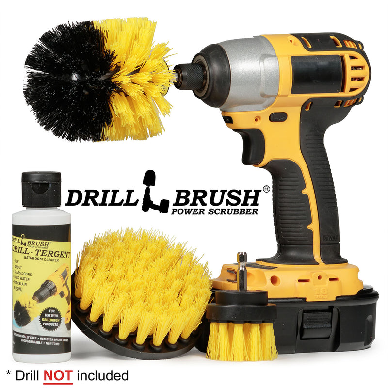 Drillbrush Medium Yellow 4-2-O kit with Drill-tergent Bathroom Cleaner with the Original brush in a cordless drill.