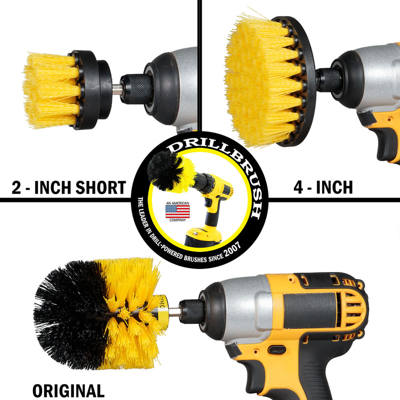 Drillbrush Medium Yellow 4-2-O kit with Drill-tergent Bathroom Cleaner brushes shown in cordless drills.