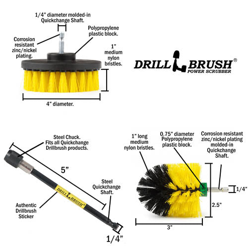Mini & 4in Yellow Brushes - Medium Bristles - Bathroom & Shower Cleaning | Y-S-4M-5X-QC-DB