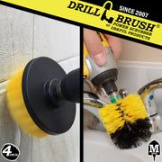 Action shots of a Medium Yellow Mini Drillbrush cleaning a sink fixture and a Medium Yellow 4 inch Drillbrush cleaning tile grout.