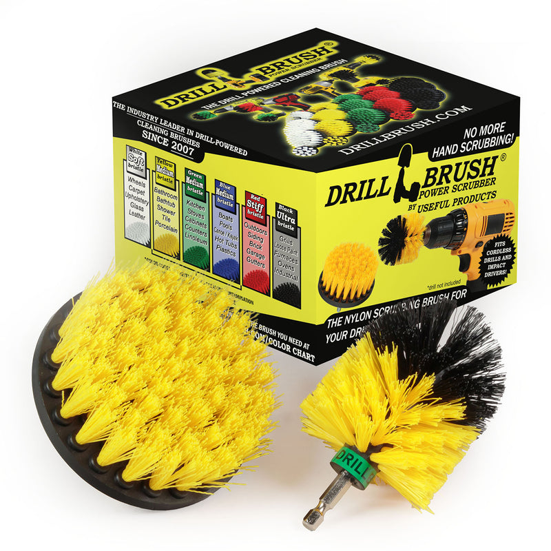 The Drillbrush 4M Medium Yellow Bathroom Brush Kit in front of the box it comes in.