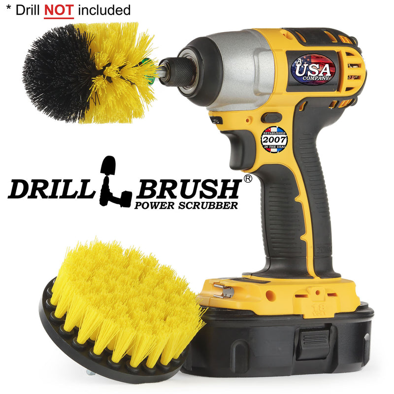 Drillbrush 4M Medium Yellow Bathroom Brush Kit with a Mini brush in a cordless drill.