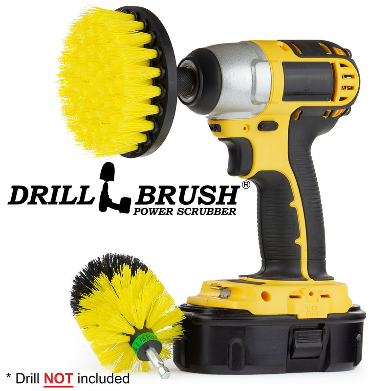 Drillbrush 4M Medium Yellow Bathroom Brush Kit with a 4 inch brush in a cordless drill.