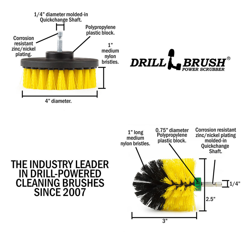 Specs for the Drillbrush 4M Medium Yellow Bathroom Brush Kit.