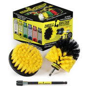 The Drillbrush 4O-5X Medium Yellow Bathroom Brush Kit in front of the packaging it comes in.