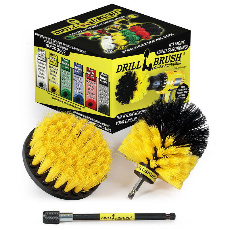 The Drillbrush 4O-5X Medium Yellow Bathroom Brush Kit in front of the packaging it comes in.