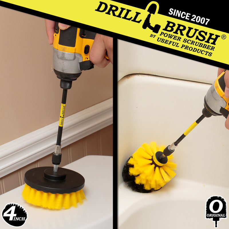 Action shots of a Medium Yellow Original Drillbrush in a 5 inch extension cleaning the corner of a bathtub and a Medium Yellow 4 inch Drillbrush in a 5 inch extension cleaning the top of a toilet tank.