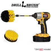 Drillbrush 4O-5X Medium Yellow Bathroom Brush Kit with an Original brush in a 5 inch extension in a cordless drill.