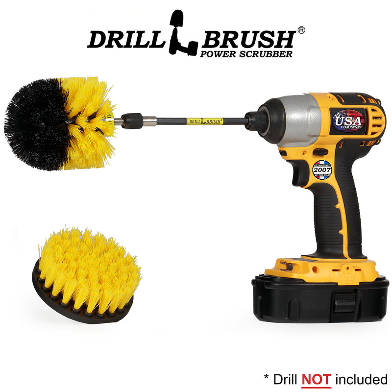 Drillbrush 4O-5X Medium Yellow Bathroom Brush Kit with an Original brush in a 5 inch extension in a cordless drill.