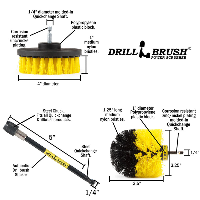 Specs for the Drillbrush 4O-5X Medium Yellow Bathroom Brush Kit.