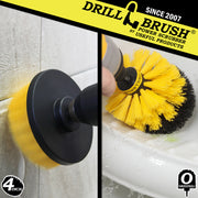 Action shots of a Medium Yellow Original brush cleaning a shower shelf and a Medium Yellow 4 inch Drillbrush cleaning tile grout.