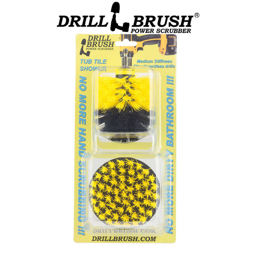 The Drillbrush 4O Medium Yellow Bathroom Brush Kit in the blister pack it comes in.