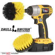 Drillbrush 4-O Medium Yellow Bathroom Brush Kit with an Original brush in a cordless drill.