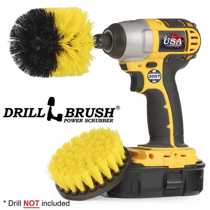 Drillbrush 4-O Medium Yellow Bathroom Brush Kit with an Original brush in a cordless drill.
