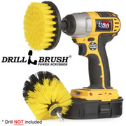 Drillbrush 4-O Medium Yellow Bathroom Brush Kit with a 4 inch brush in a cordless drill.