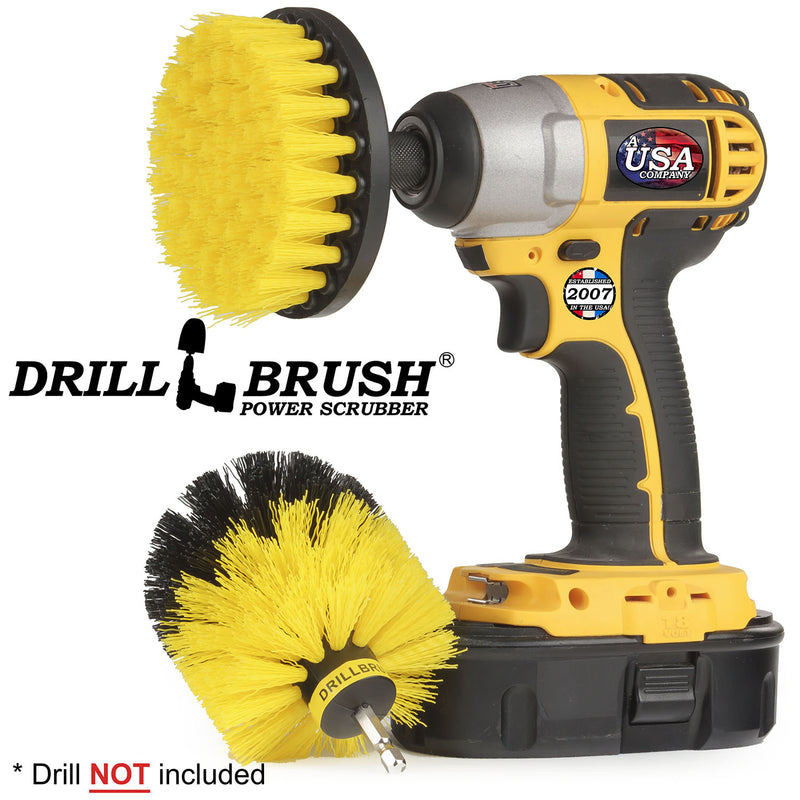 Drillbrush 4-O Medium Yellow Bathroom Brush Kit with a 4 inch brush in a cordless drill.