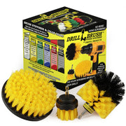 The Drillbrush 52O Medium Yellow Bathroom Brush Kit in front of the box it comes in.