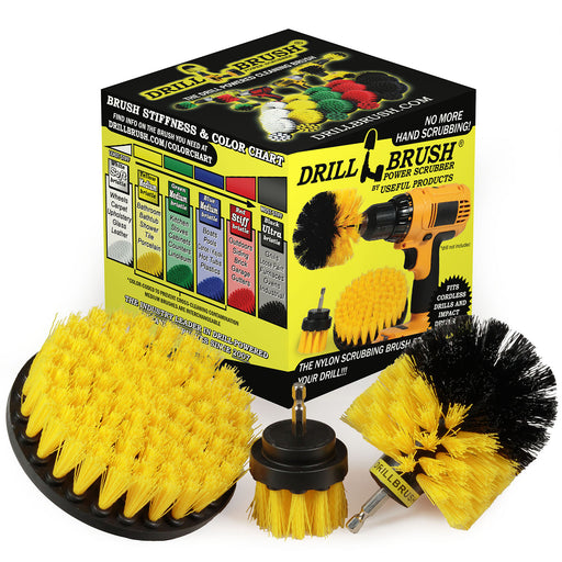 The Drillbrush 52O Medium Yellow Bathroom Brush Kit in front of the box it comes in.