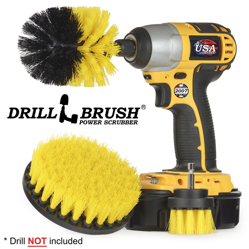 Drillbrush 52O Medium Yellow Bathroom Brush Kit with an Original brush in a cordless drill.