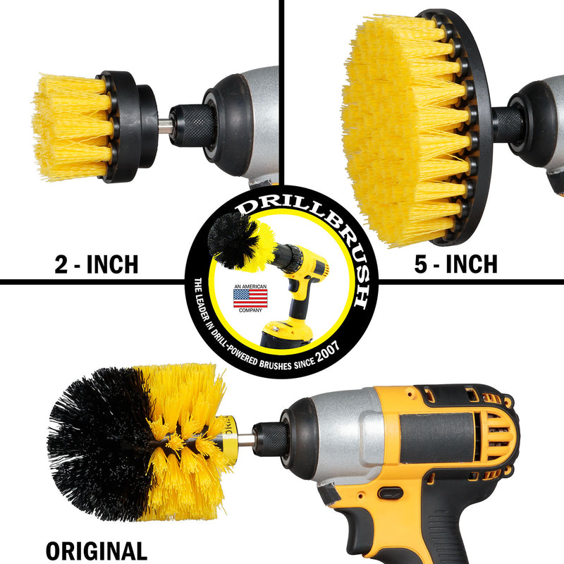 Images of the Drillbrush 2 inch Short, 5 inch, and Original Medium Bathroom Brushes in cordless drills.