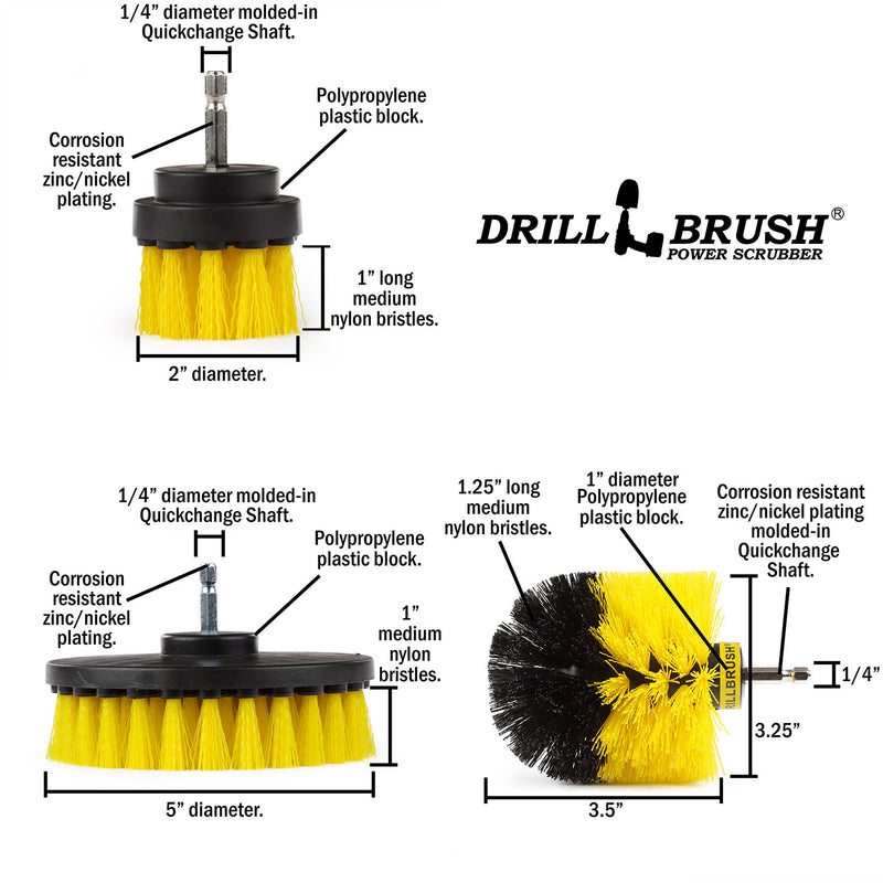 Specs for the Drillbrush 52O Medium Yellow Bathroom Brush Kit.