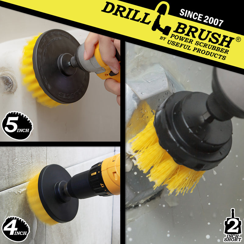 Action shots of a Medium Yellow 2 inch Short Drillbrush cleaning an overflow plate, a Medium Yellow 4 inch Drillbrush cleaning tile grout, and a Medium Yellow 5 inch Drillbrush cleaning a counter top