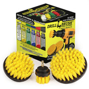 The Drillbrush 542 Medium Yellow Bathroom Brush Kit in front of the box it comes in.