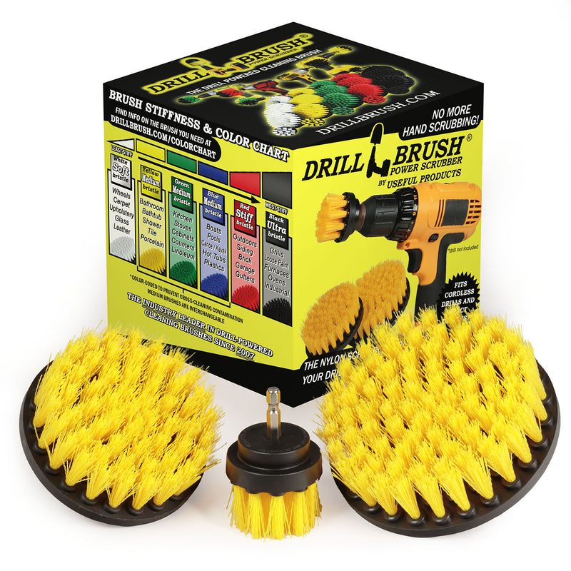 The Drillbrush 542 Medium Yellow Bathroom Brush Kit in front of the box it comes in.